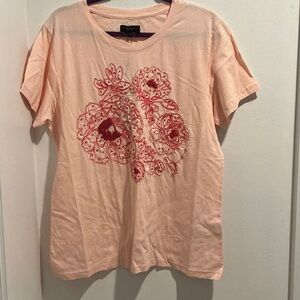 Donna Karan Peach Tee with Red Floral Design